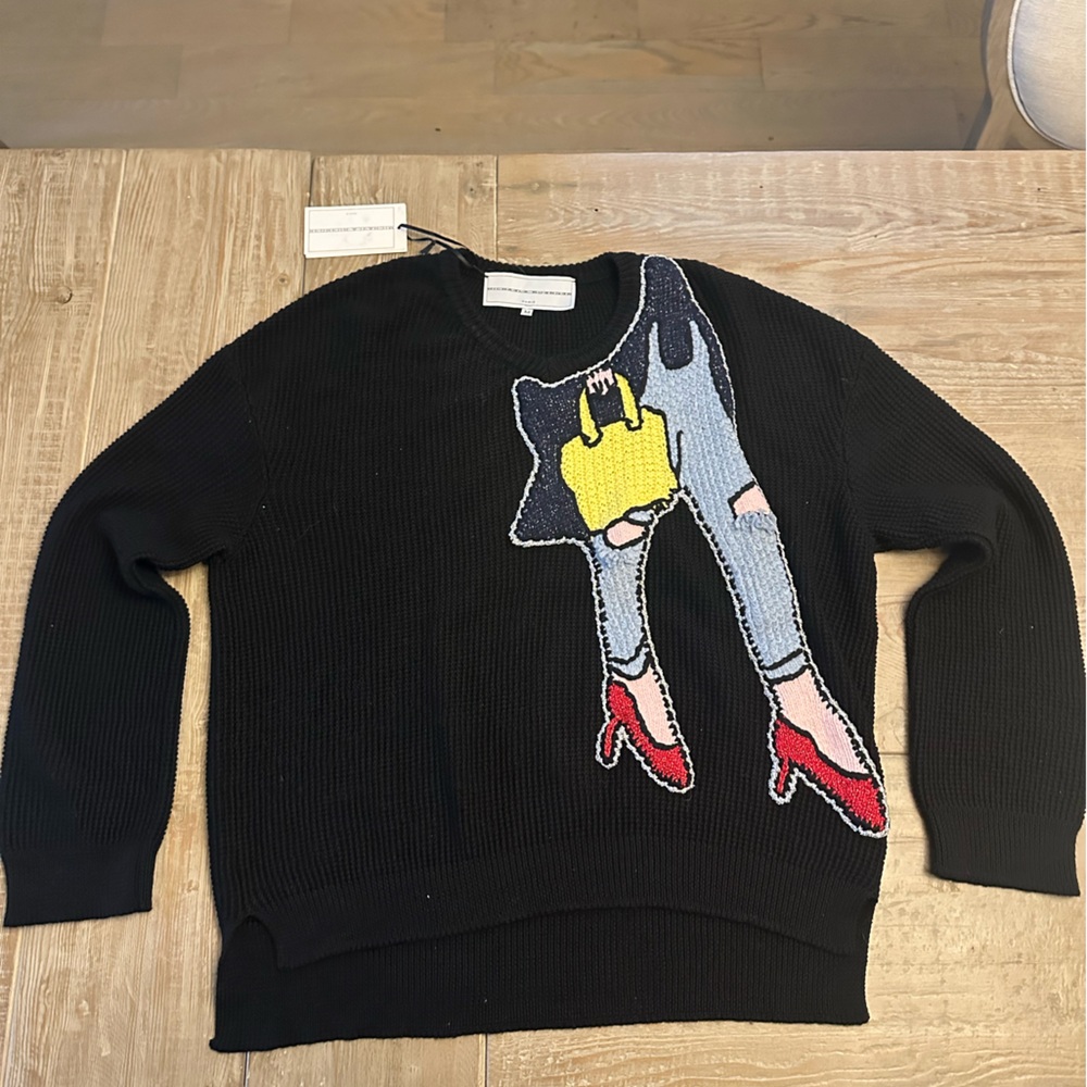 Michaela Beurger Black Knit Sweater w Woman’s Legs Embroidered On - NWT Size M